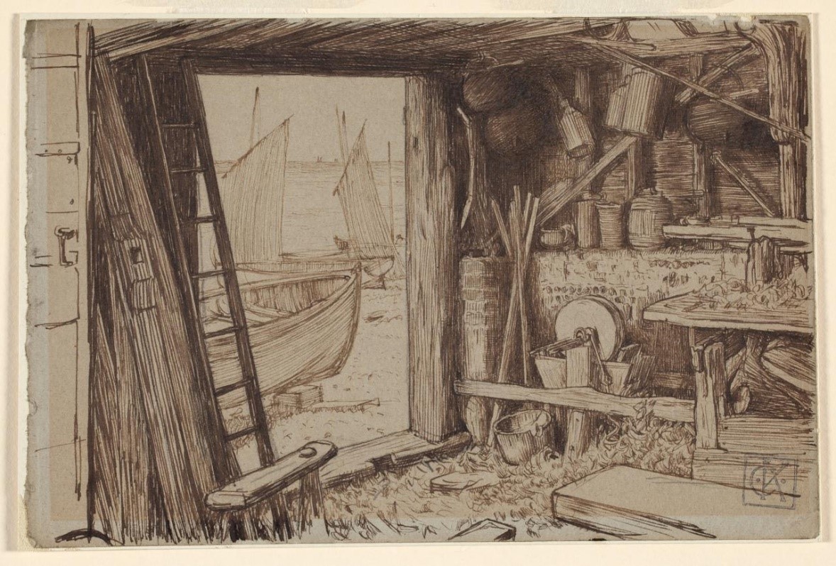 Charles Keene, Interior of a boat builders shed, c. 1860. Pen and brown ink on blue paper,  National Gallery of Victoria. See Fig. 5 below for full details.
