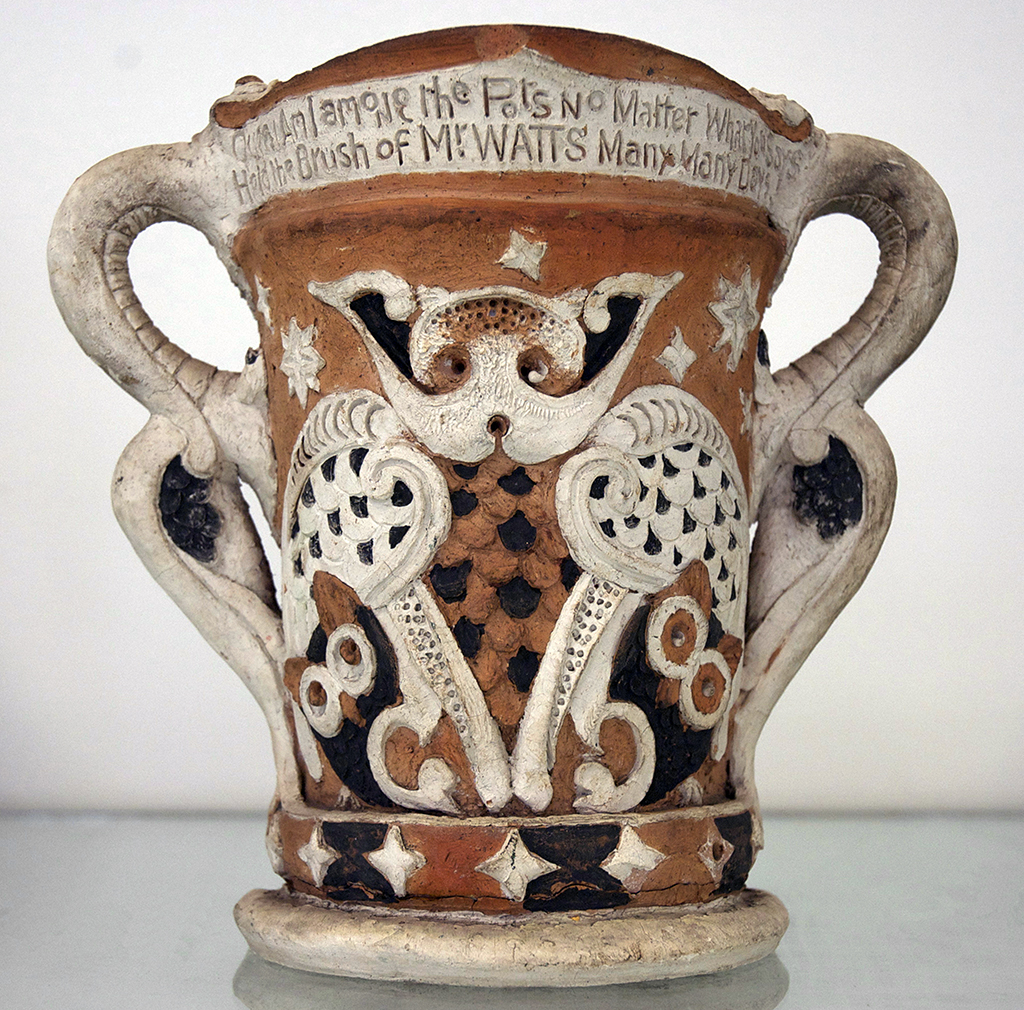 Mary Seton Watts (attributed), Watts’s Brush Pot, c. 1885-1900, terracotta vase, height 20.4 cm. John Wolseley Collection. Photo: Jane Brown.
