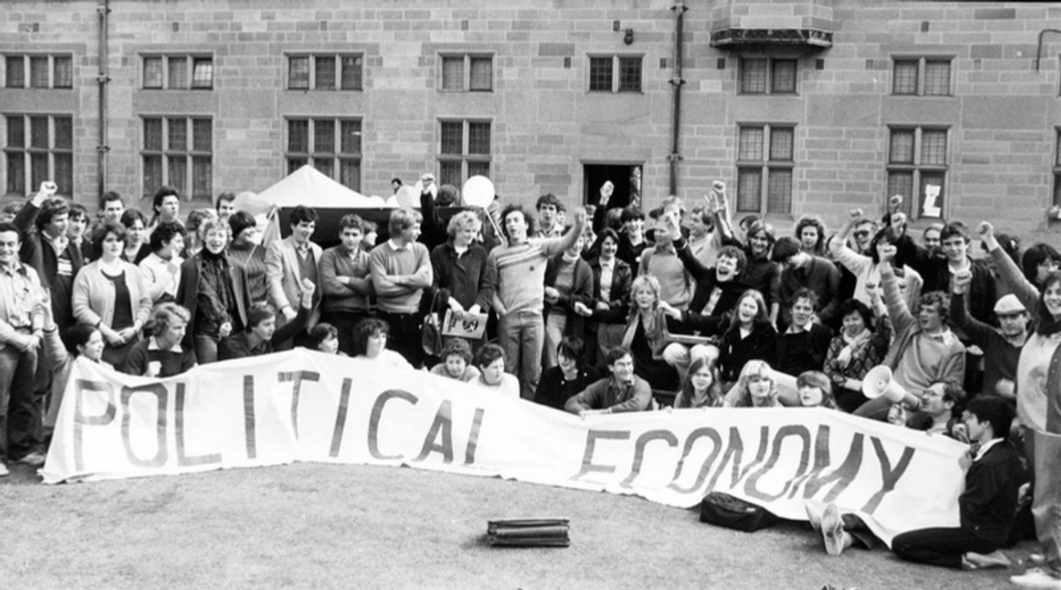 Students at the University of Sydney holding a protest for the establishments of a political economy department 